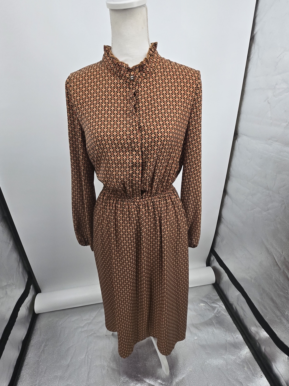 Sweet Salt Tan Red Print LS Modest Dress Ruffle Collar Small (8509)